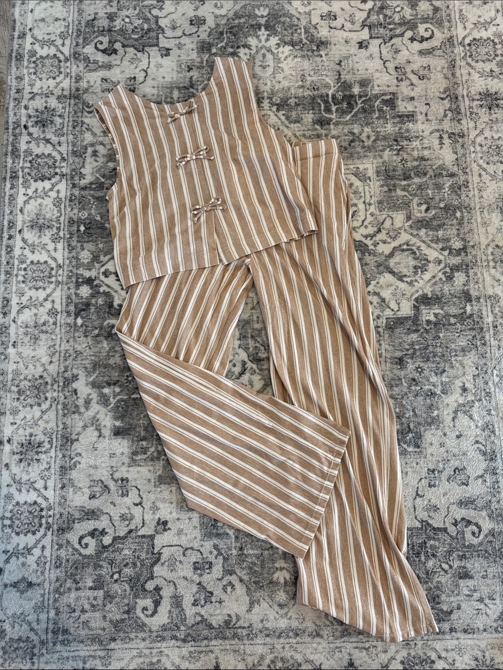 Active USA Tan and White Striped Wide-Leg Pant Set
